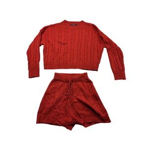 Red Cable Knit 2 Piece Set Cropped Sweater and Drawstring‎ Shorts Med #687